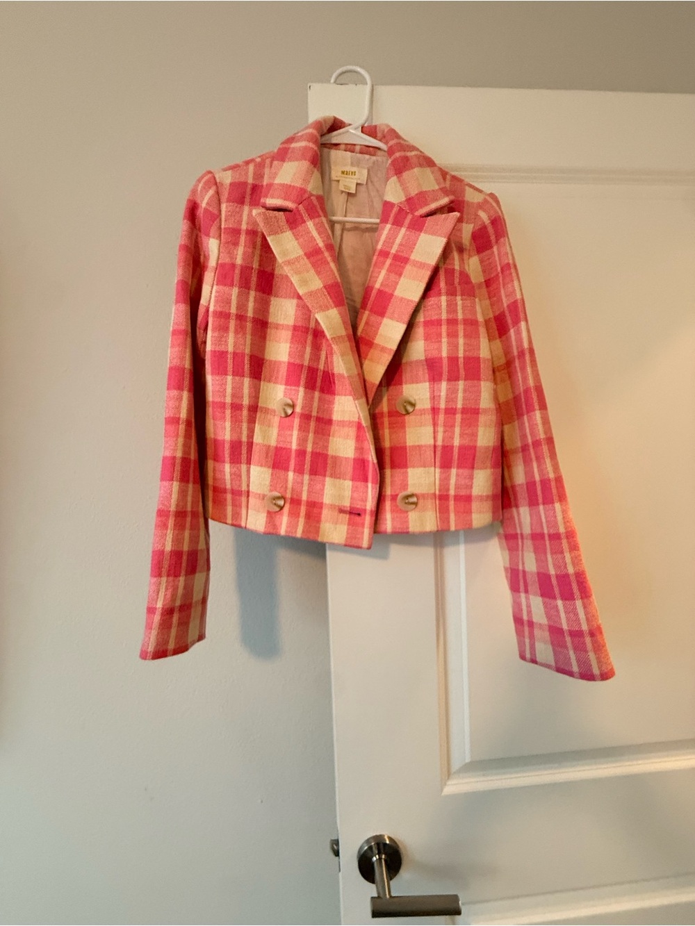 Anthropologie Pink & Cream Plaid Cropped Double-Breasted Blazer